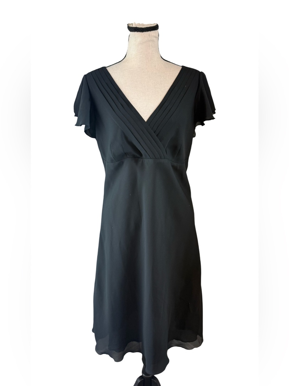 New York & Company Black Wrap Midi Dress Flutter Sleeve V Neck Size 8
